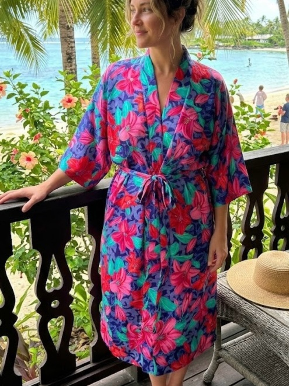 California Dynasty Vintage Floral Robe Vibrant Tropical Print Kimono Style Boho